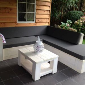 Steigerhouten loungebank Manson met blok arm en schuine rugleuning