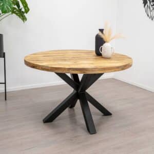 Mangohout tafel Aflex met rond blad en matrixpoot