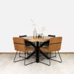 Mangohout tafel Aflex met rond blad en matrixpoot