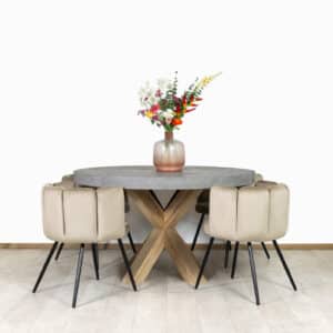 Betonlook tafel Lefor met eikenhouten matrix poot