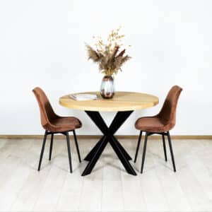 Ronde eikenhouten tafel Byro met stalen poot