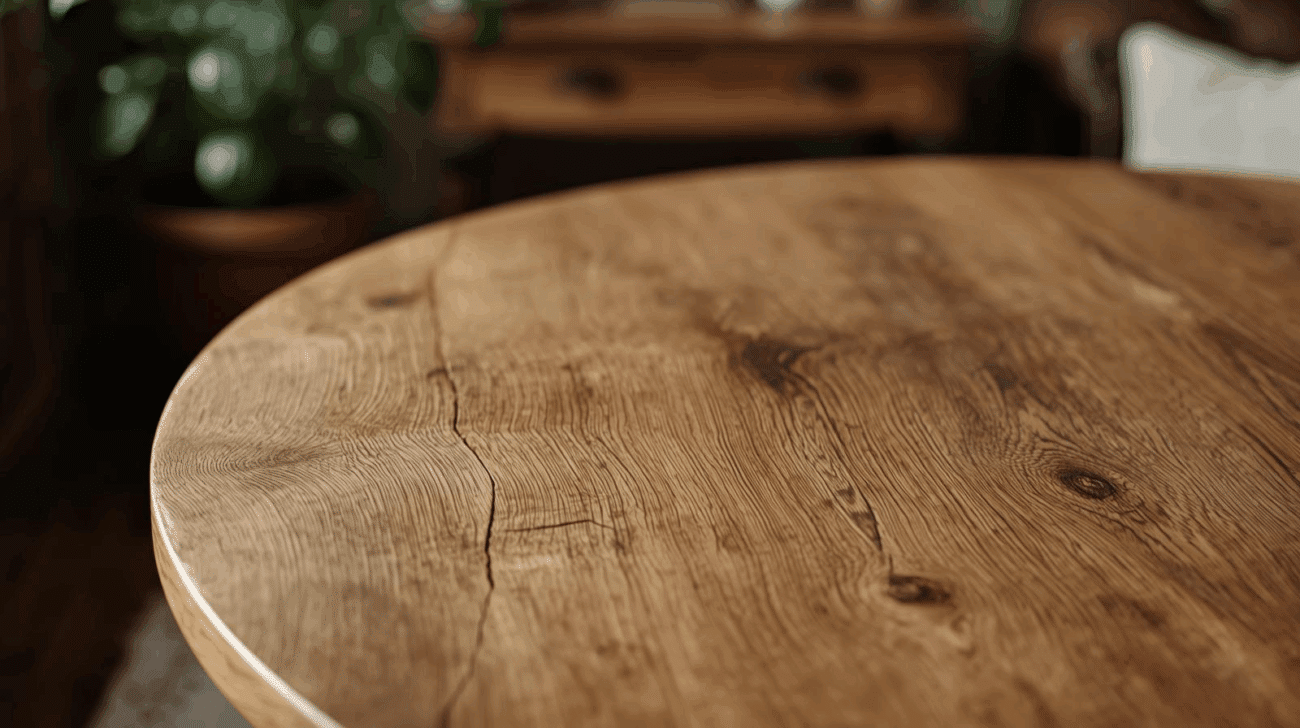 Ronde eikenhouten tafel met scheur in tafelblad door werking van het hout